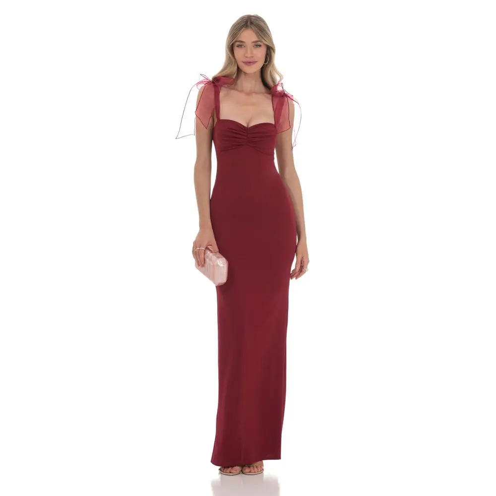 Shoulder Ties Maxi Dress in Maroon