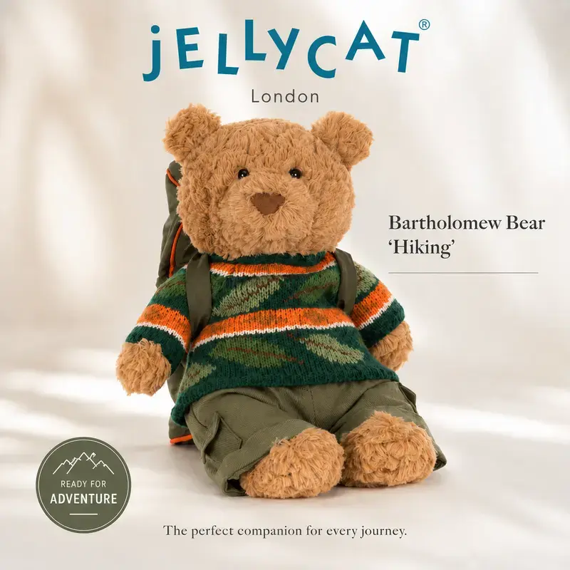 Jellycat Bartholomew Bear Hiking Plush – Cute Soft Teddy Bear Stuffed Animal with Backpack, Cozy Gift for Kids & Collectors