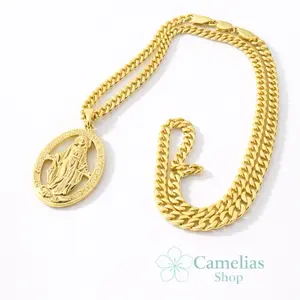 14K Gold plated Miraculous Medal Pendant with Cuban Link Chain (18", 20", 22")