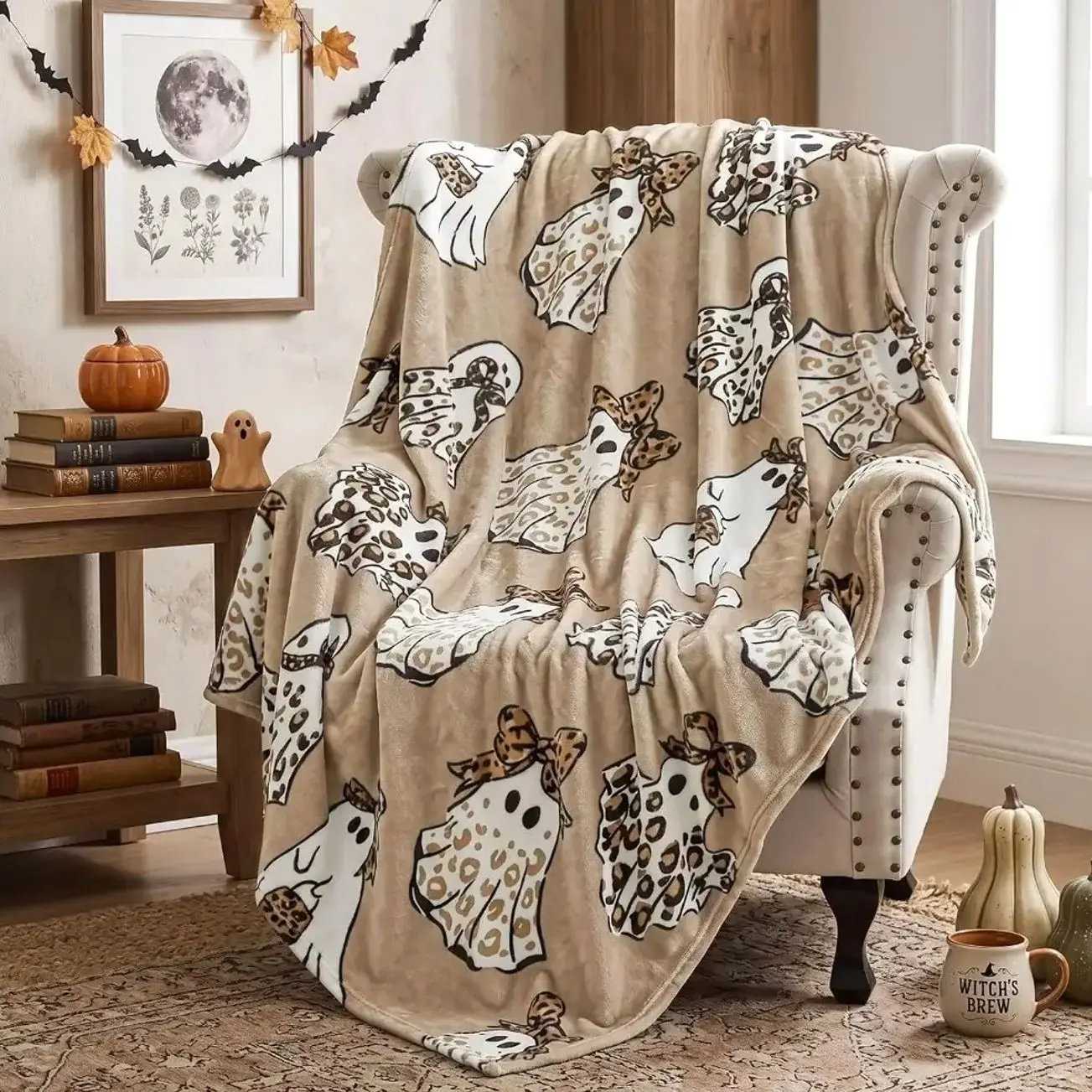 Hahafelt Halloween Cheetah Ghost Blanket Brown Leopard Throw Blanket | Soft Flannel Fleece, Wrinkle Resistant Cozy Spooky Home Decor