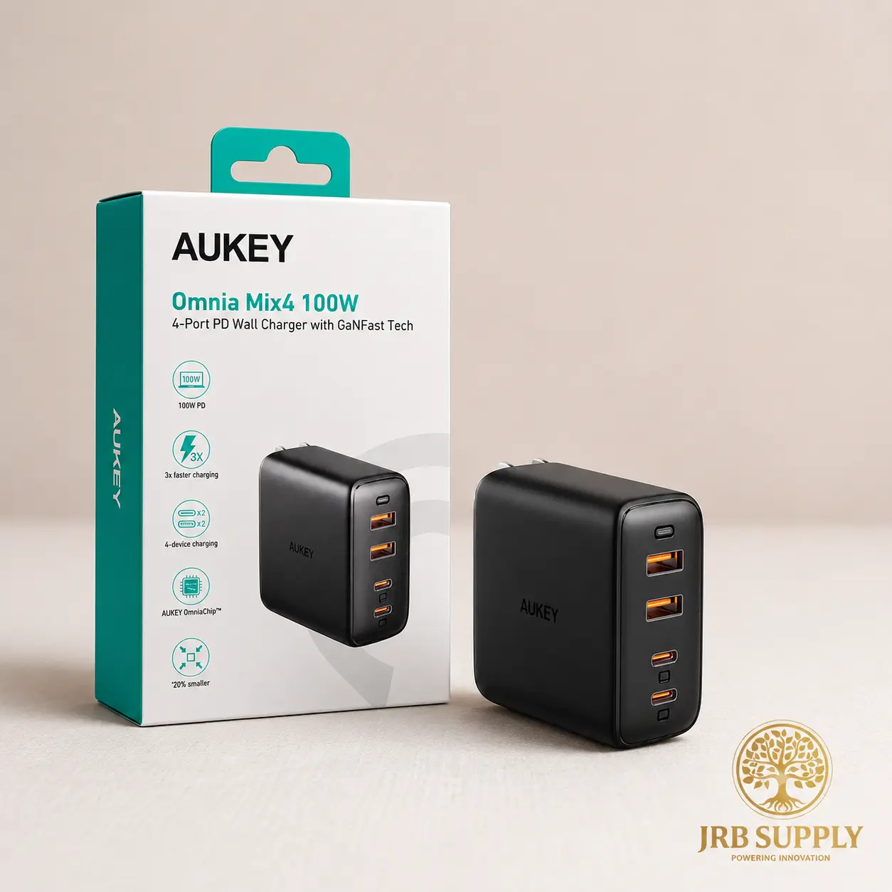 AUKEY PA-B7 Omnia Mix4 100W GaN USB-C Fast Wall Charger for Mobile Phones & Electronic Devices
