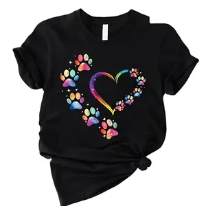 "Rainbow Paw Print Heart" Pet Lover Cotton T-Shirt