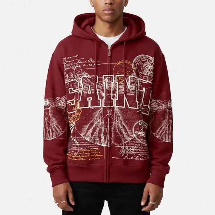 Sopula Studio Men's Saints Stamp Collage Vitruvian Man Vintage Art Graphic Zip Up Hoodie Casual Fall Streetwear SpringStatements