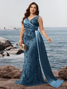 Elegant Plus Size V Neck Sleeveless Evening Dress, High Quality Woven Sequins Patchwork, Summer Formal Gown, Fashionable Graduation Party Wear