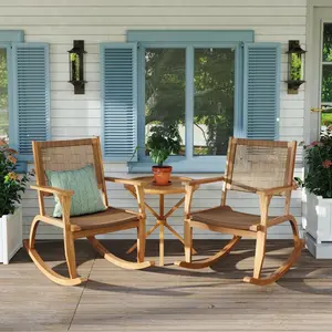 2 Pieces Patio Rocking Chair Set, Acacia Wood Outdoor Rockers with Wicker Rattan Seat & Backrest, Comfortable Garden Porch Chairs for Backyard, Balcony, and Poolside