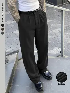 Men's Solid Color Plain Corduroy Pants, Loose Straight Leg Side Pocket Baseline, Vintage Classic Elastic Waist Casual Fashion Fall Winter, Menswear Trouser