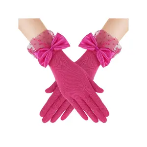 Elegant Short Textured Gloves with Lace Bow Design, Suitable for Bridal Parties, Weddings and Dinners; Also Featuring Sun Protection Function and Ideal for Funeral Attendance