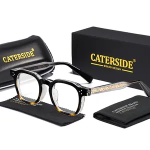 CATERSIDE Vintage Men's Eyeglass Frames Gold Temple Tips Square Thick Frame Anti Blue Light for Travel Beach Party Ideal Gift Choice