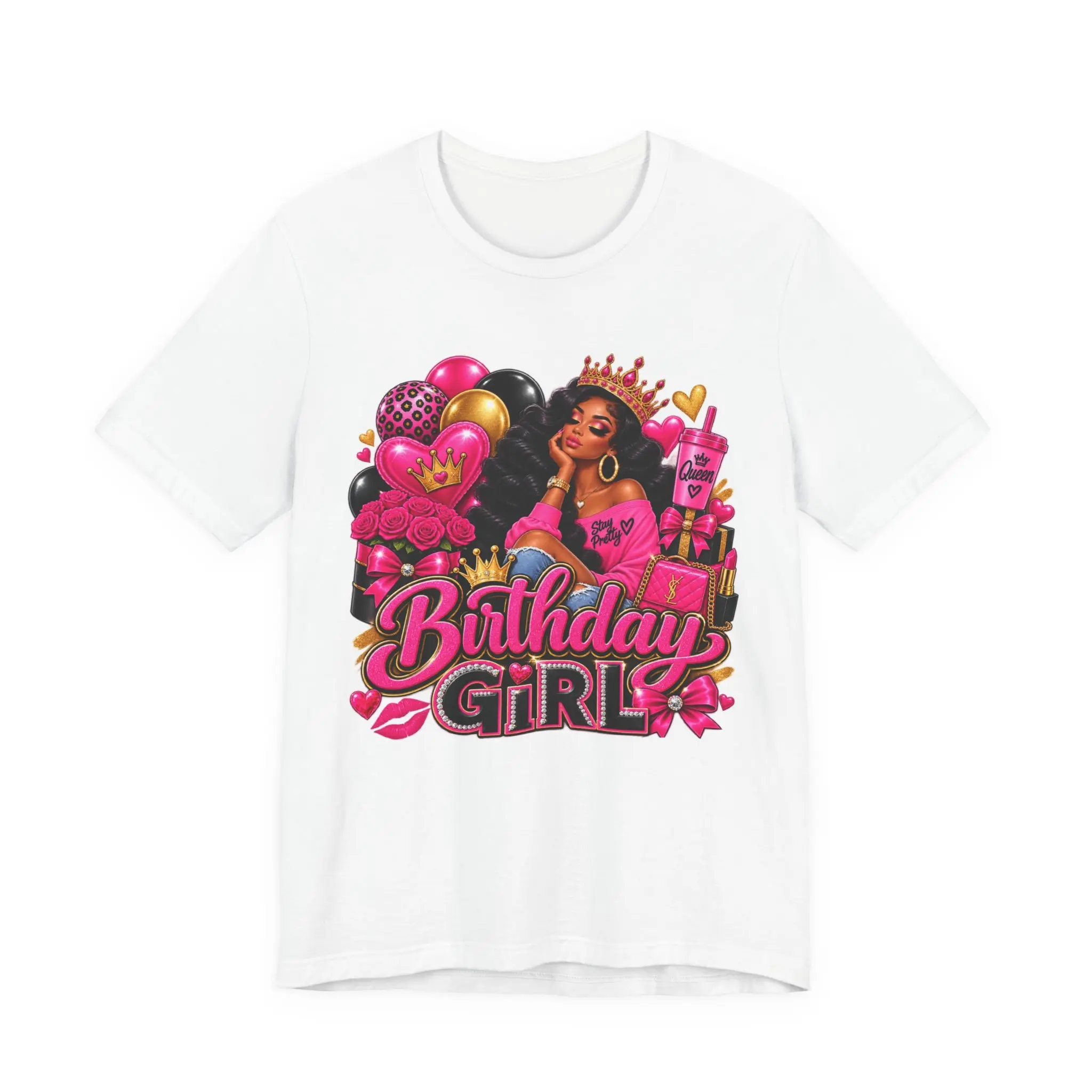 Birthday Girl Afro Glam T-Shirt | Pink Crown Balloons Confetti