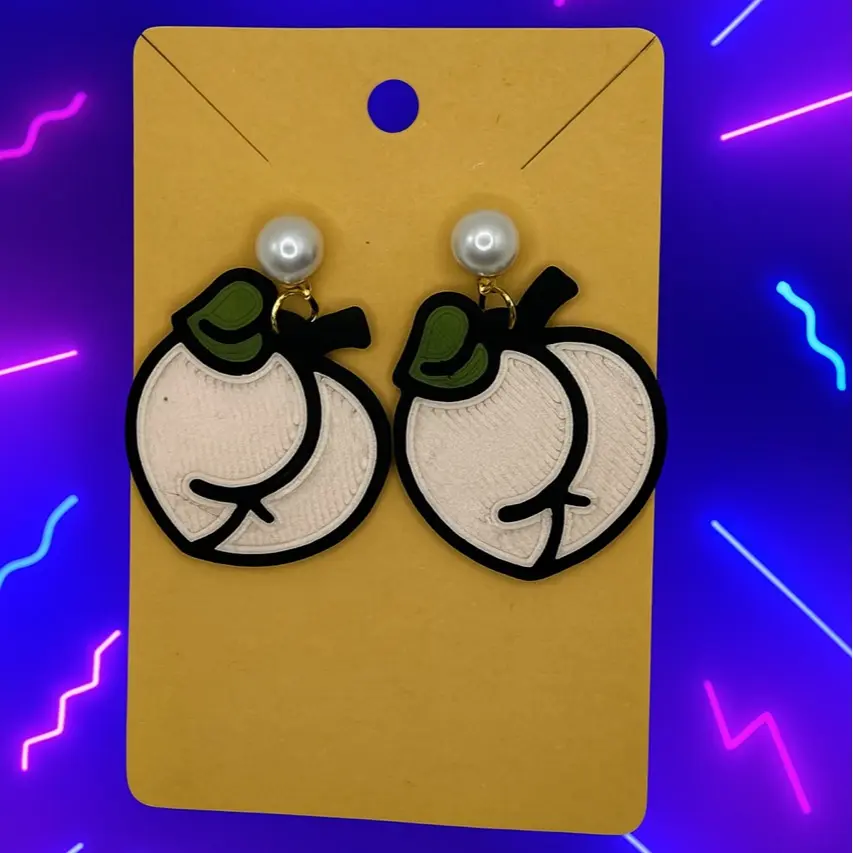 Peach Booty Earrings - Unisex Bold 3D Printed Peach Shapes with Pearl Stud Tops Lightweight Durable Nickel Free Gift for Fashionistas