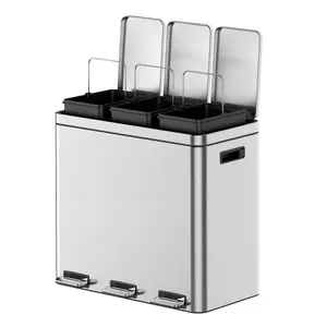Trash Can, 3 x 5.3 Gal (3 x 20L) Stainless Steel 3 Compartment Trash Can with Recycling Bin, Soft-Close Lid, Step-On Garbage Bin for Kitchen Home Office (with Removable Inner Buckets)