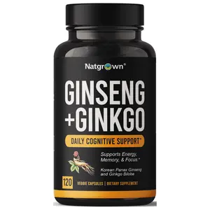 Natgrown Panax Ginseng & Ginkgo Biloba Supplement - Red Korean Ginseng & Ginko Biloba Capsules for Men & Women - Supports Memory Focus & Brain Function - Vegan Pills