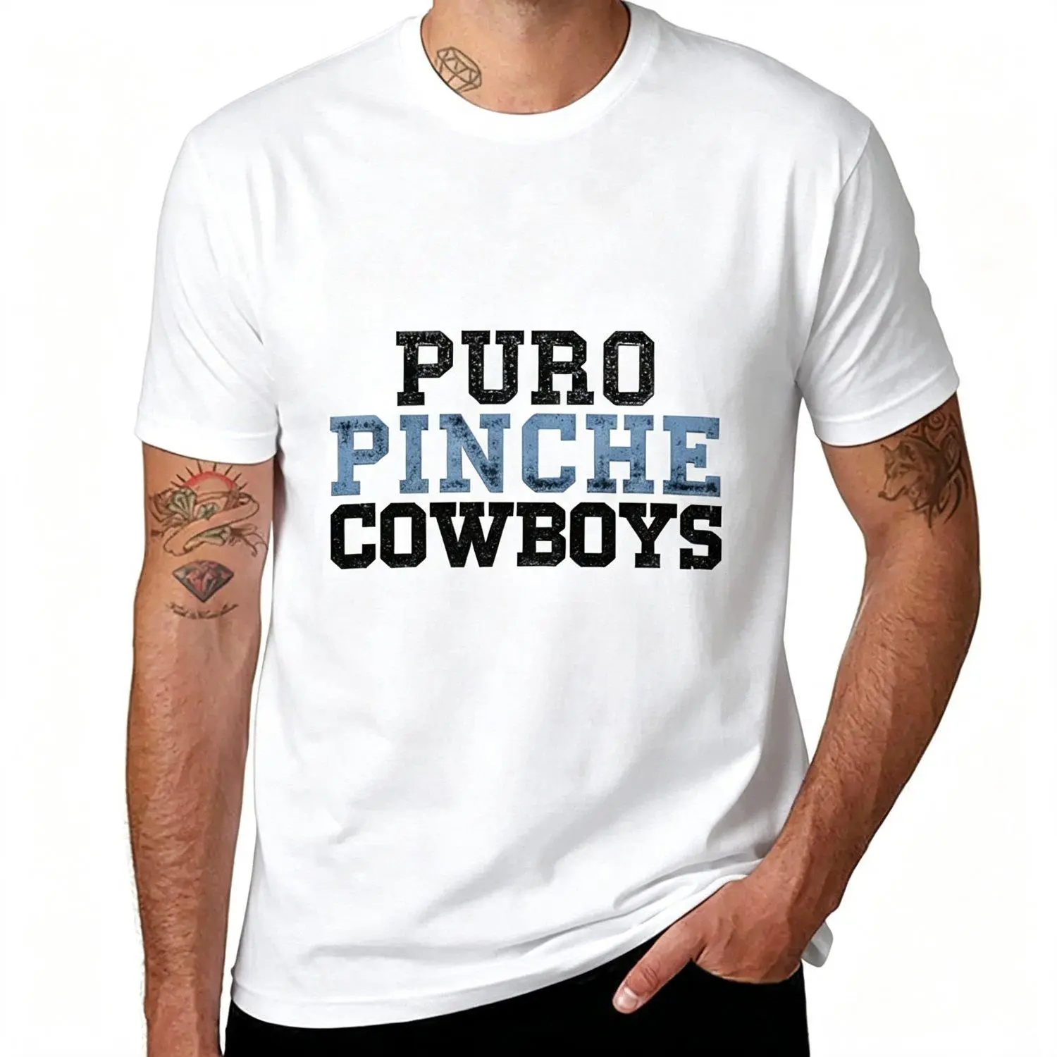Men's Round Neck Short Sleeve Tshirt - Menswear Top with "Puro Pinche Cowboys" Graphic Design, Breathable Fabric, Casual Everyday Wear, Casual Basic