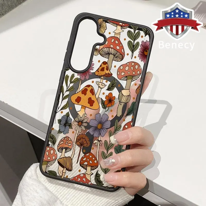 Magsafe Case Compatible with Galaxy S23 Ultra S24 Plus S25 S22+ FE Forest Mushroom Acrylic Transparent Anti-Scratch wireless charging compatible Phone Back Cover for Girl, Smartphone, Handheld, Cellphone