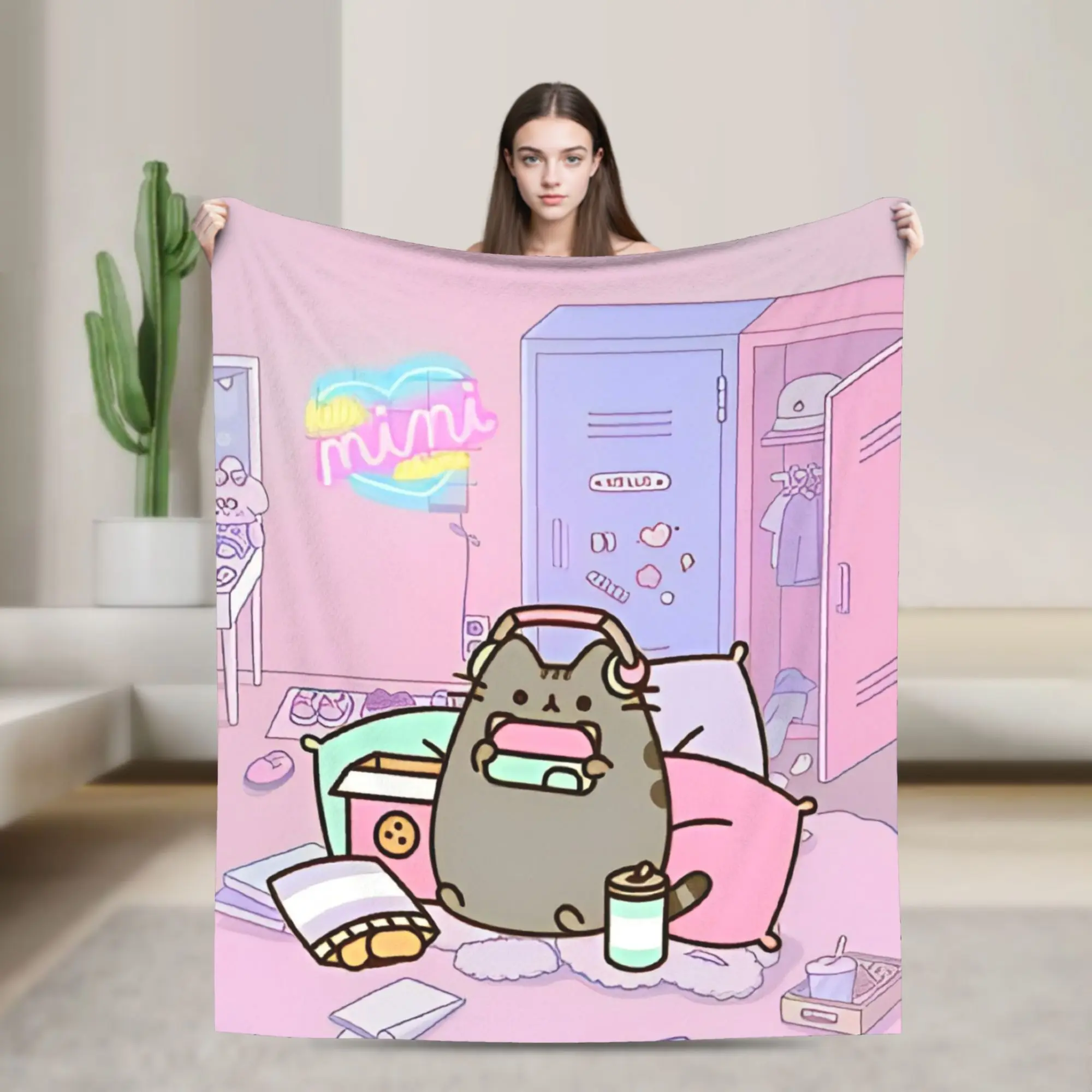Pusheen Cat Character Art Blanket, Super Soft Plush, Cozy Lightweight All-Season Quilt, Machine Washable, Multi-Size Options, Ideal for Couch/Bed/Gaming Lounge, Cute Gift, Character Art Blankets, Soft Breathable, Striped Flannel