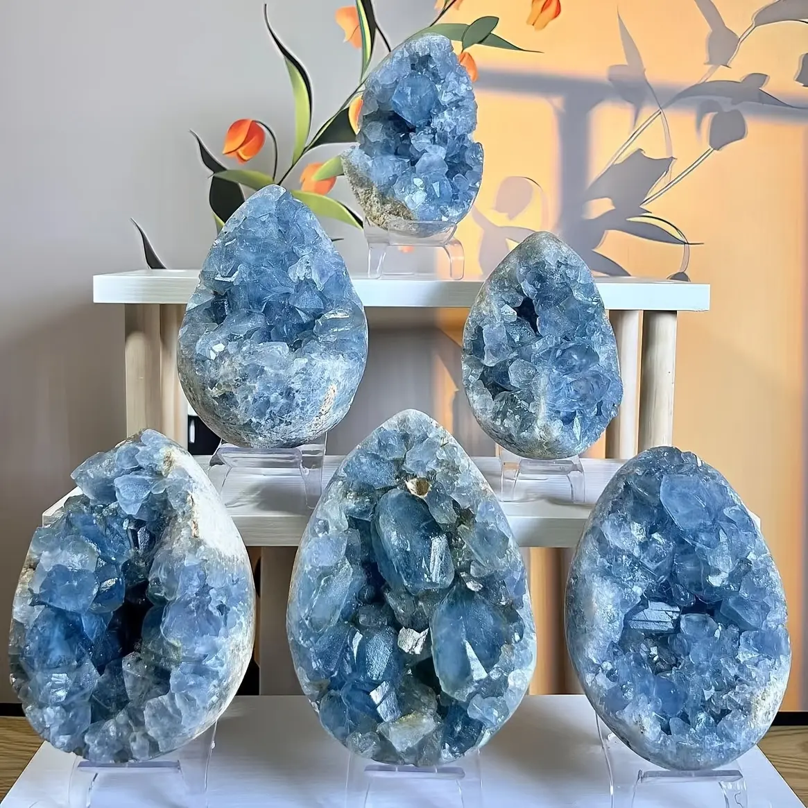 Milky Blue Celestite Cluster Natural Crystal Stones Freeforms Set - Boho Chic Decorative Ornaments, Collectible Room & House Decor for Home Supplies, Room Decor