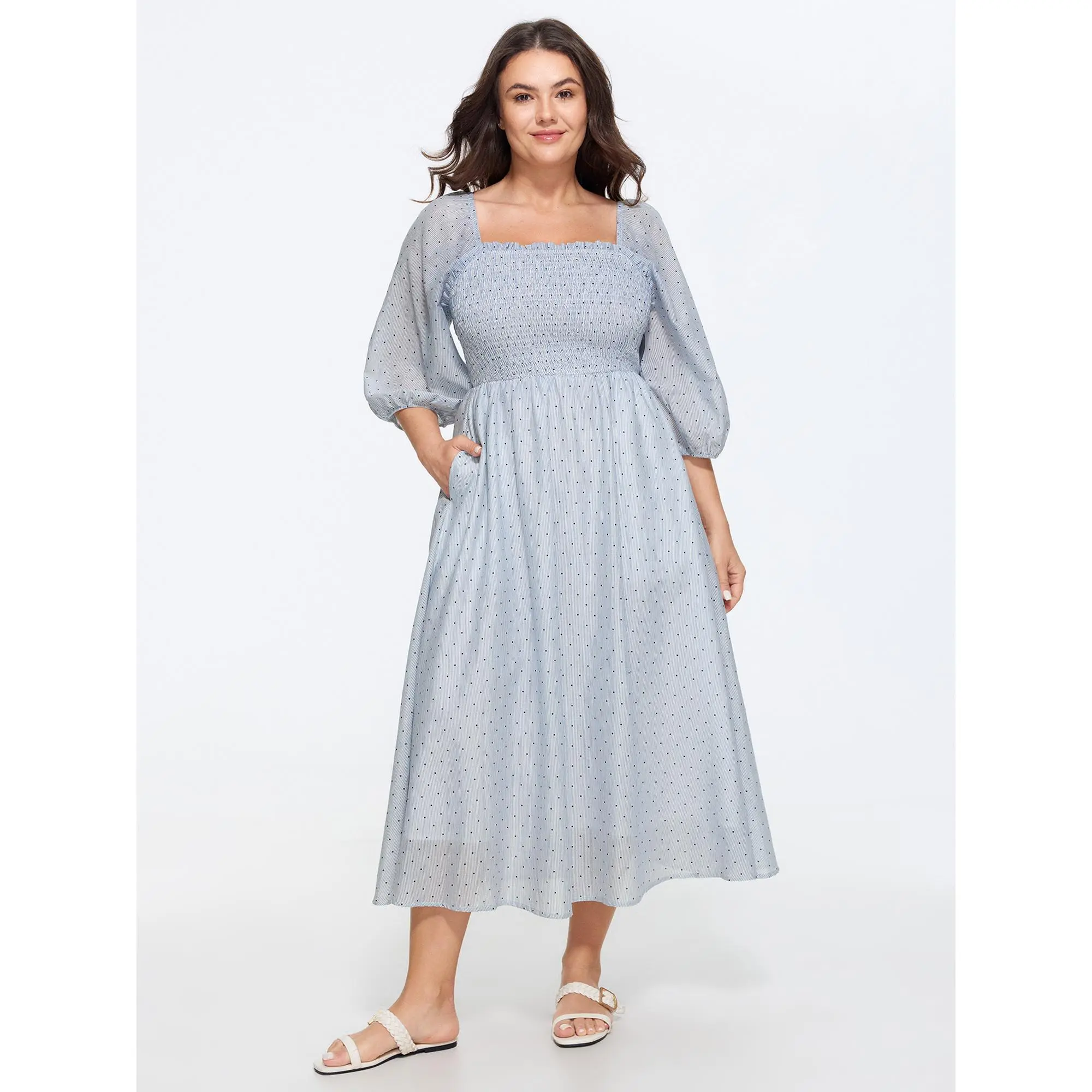 BloomChic Women's Plus Size Casual Polka Dot Midi Dress, Smooth Cotton with Smocked Bodice, Lantern Sleeves, Ruffles, and Pocket Detail, Garment, Fabric