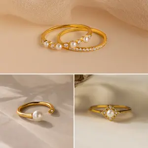 Pearl & Diamond Ring Set by Caitlyn Minimalist - Dainty 18K Gold Plated Pave Pearl Stacking Rings - Bridal Jewelry Set - Gift for Her
