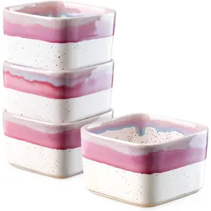 8 oz Ramekins Oven Safe - Square Custard Cups, Ceramic Ramekins for Pudding, Creme Brulee,Souffle, Serving Dip, Ice Cream, 4- Set (Pastel Lilac Flow)