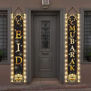 Eid Mubarak Door Banners Lighted Decorations Eid Al-Adha Porch Sign with LED Light Decorations Black  Moon Lantern Door Sign Hanging Banner for Eid Al-Adha Party Outside Lighted Decor