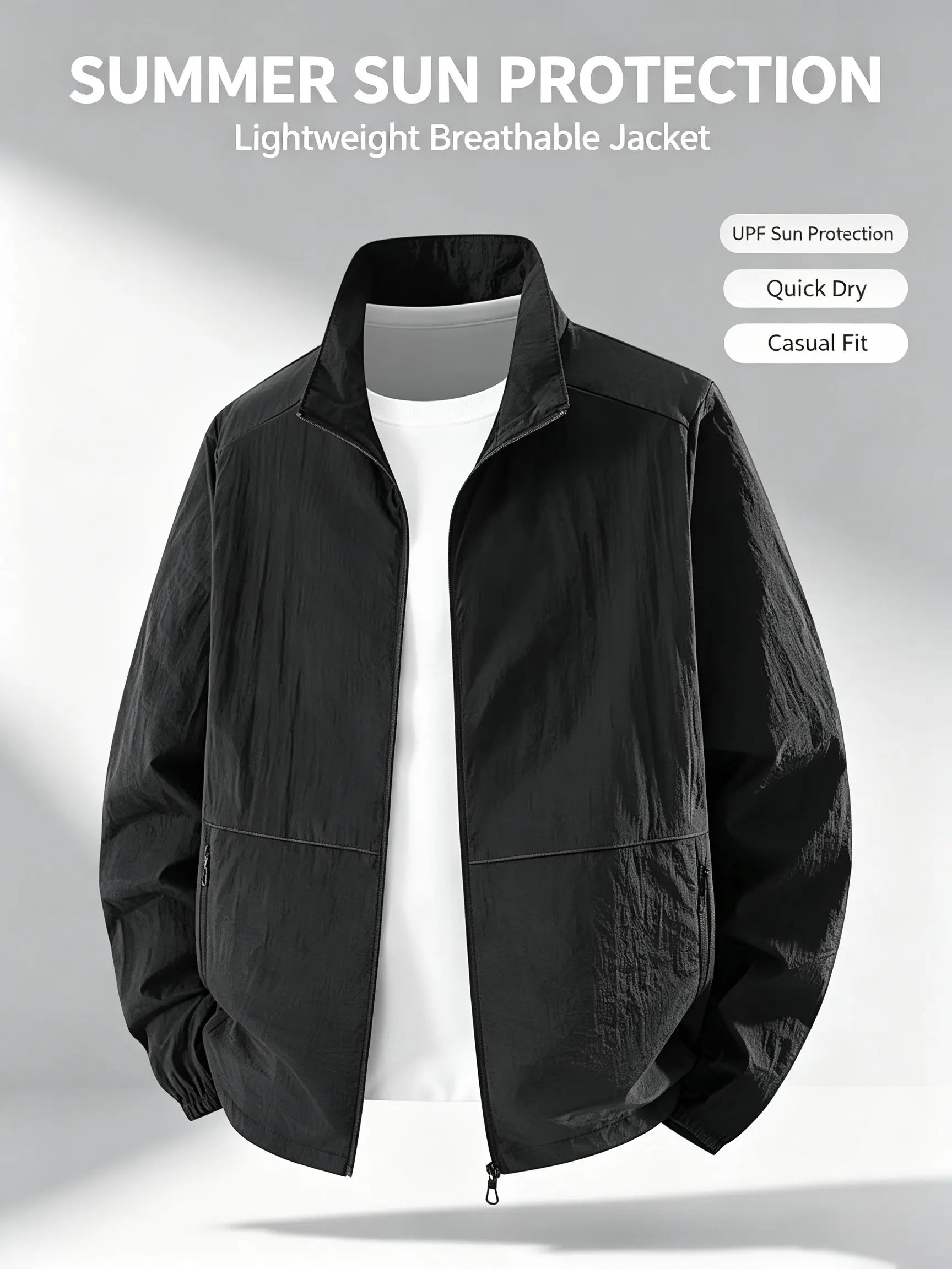 Lightweight, breathable, sun-protective jacket—windproof outerwear suitable for everyday commuting and casual wear.