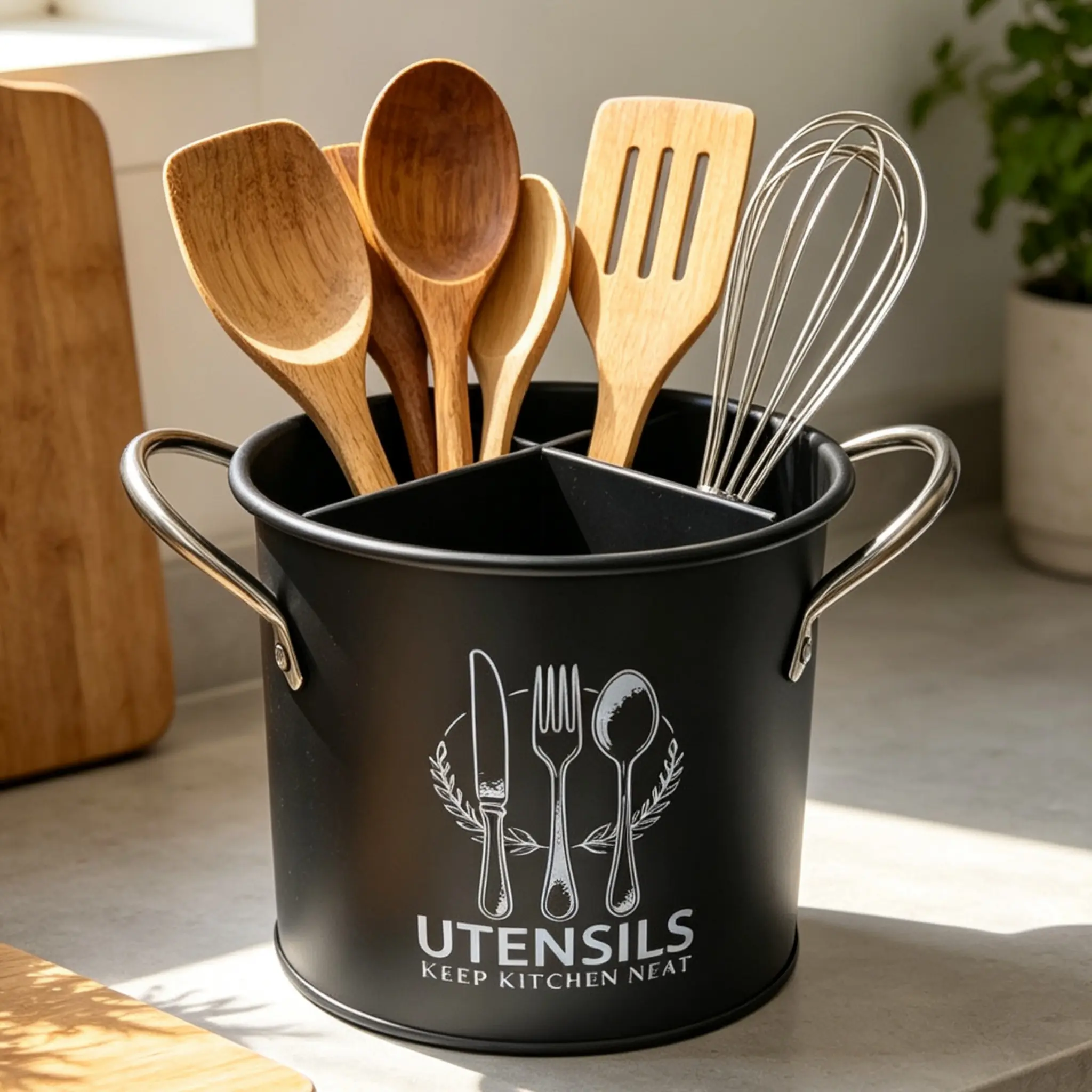 Utensils Keep Kitchen Neat Black Metal Storage Bin with Handles for Spoons Forks and Whiskers Organize Your Kitchen Tools