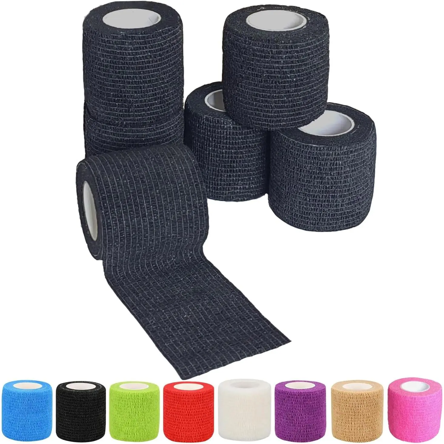 6-Pack 2-In Self-Adhesive Cohesive Athletic Tape - Breathable, Stretch Vet Wrap for Sports Wrist, Ankle Support (Black)