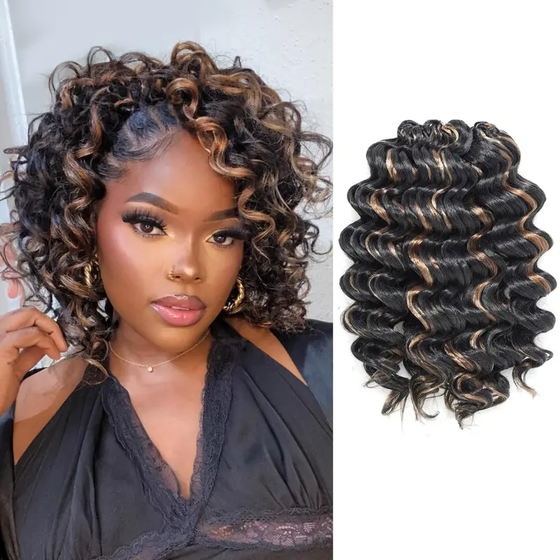 Ocean Wave Crochet Hair - 9 Inch 8 Packs Brown Blonde Highlight Ocean Wave Braiding Hair, Beach Curl Deep Twist Water Wave Short Curly Synthetic Hair Extensions (9In