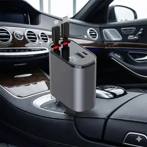 Type-C PD Fast Car Charger Dual USB Port with Retractable Cable Smart Quick Charge Over Voltage Protection Charging Stand for Truck Car Auto Vehicle Phone Multi Device Accessories