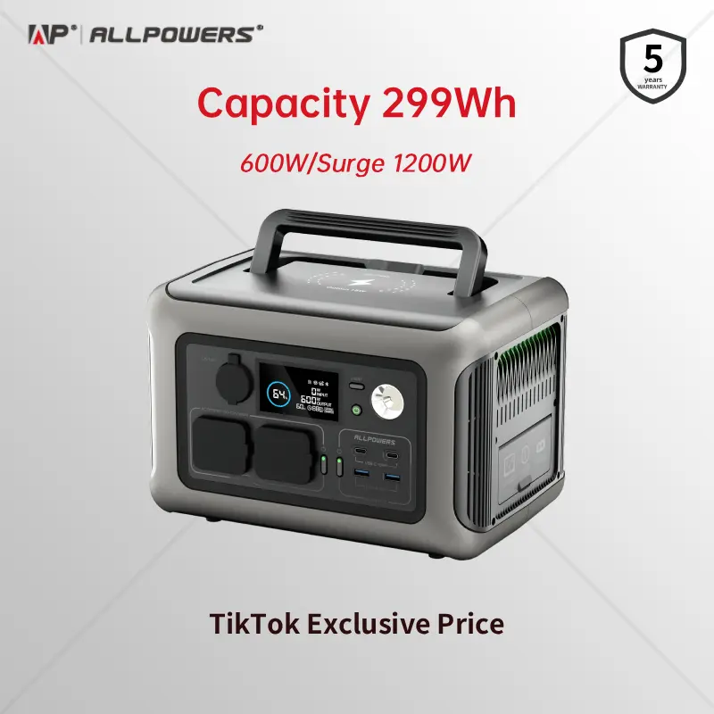 ALLPOWERS R600 Portable Power Station,299Wh LiFePO4 Battery,Recharge from  0-99% in 1 Hour,Power 8 Appliances Simultaneously,Solar Generator - TikTok  Shop