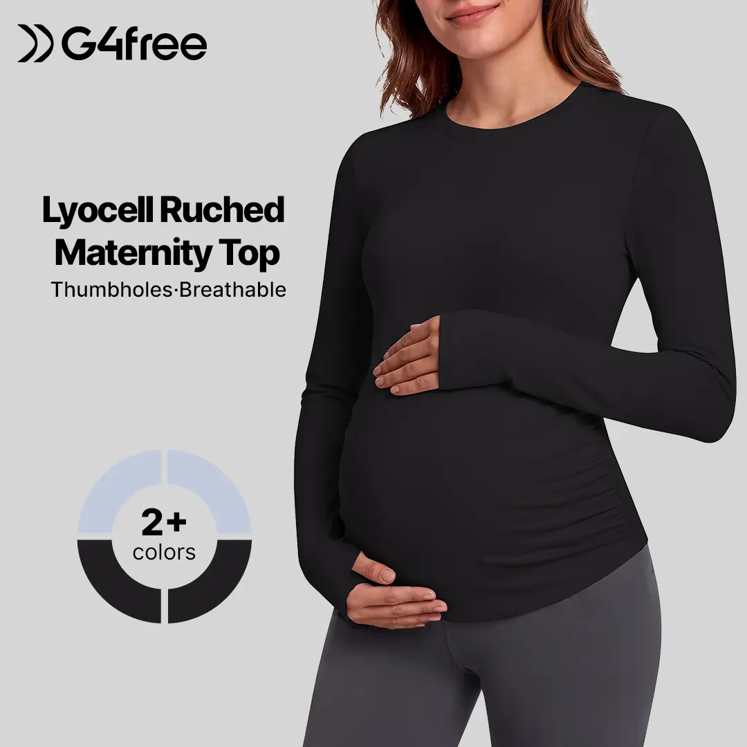 G4Free Lyocell Long Sleeve Maternity Top, Ruched Crew Neck Pregnancy Shirt With Thumb Holes, Soft Airy Stretchy Pullover, Breathable Quick Dry Tee for Yoga & Daily Casual Wear