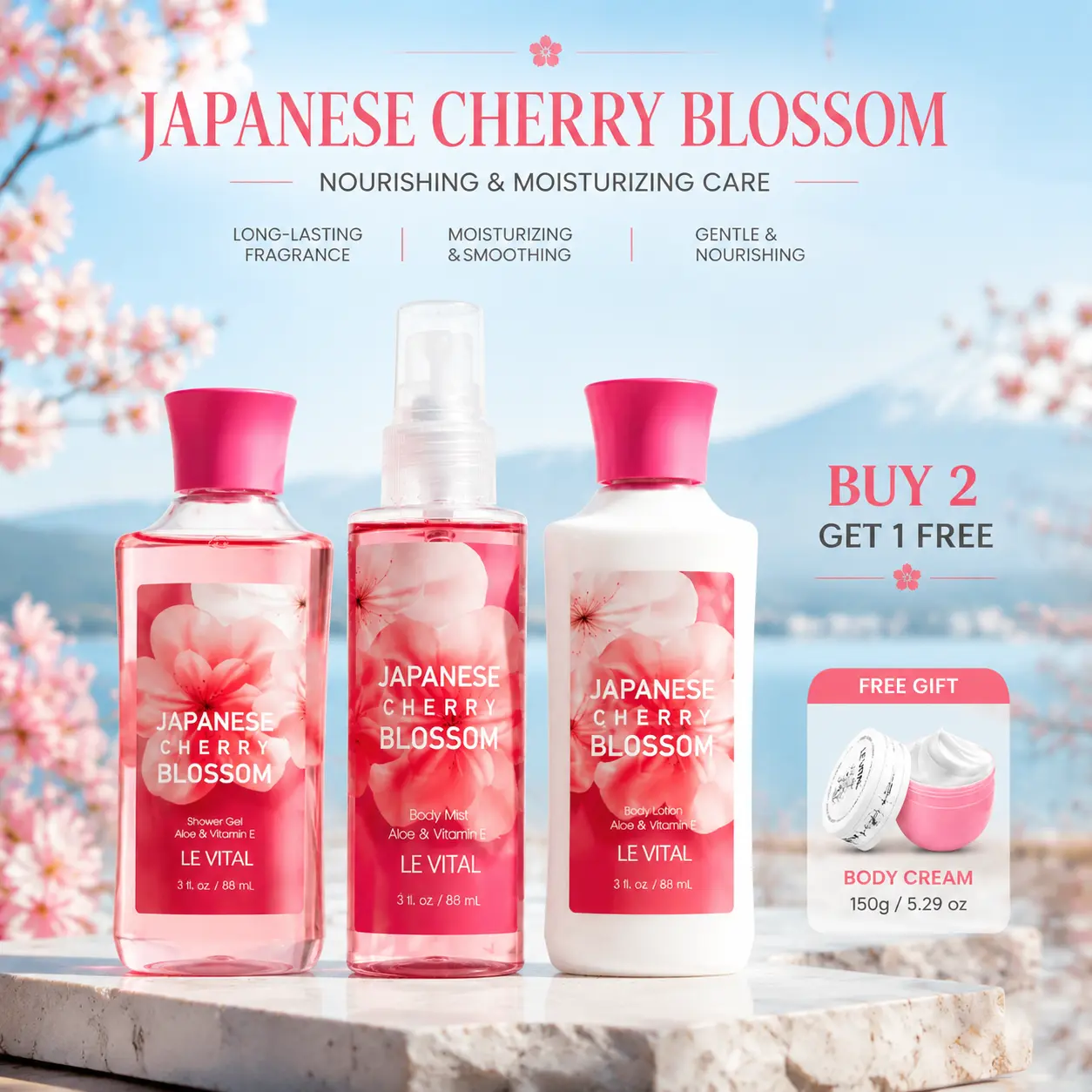 Vital Luxury Waterproof Japanese Cherry Blossom Bath & Body 3-Piece Travel Gift Set - 3oz Shower Gel, Lotion, Mist（Waterproof） - All-Day Freshness for Mom, Girlfriend -  Mother’s Day Gifting.Must-Have for Travel, Gym