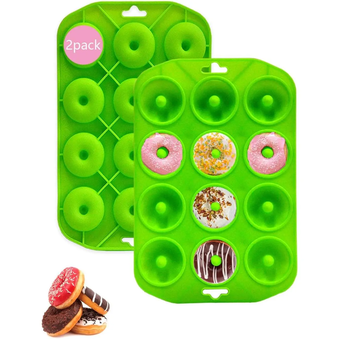 Mini Donut Pan for Baking, 2 Pack Donut Mold Silicone Doughnut Pan for Making Donut, Bagels, Cake, BPA Free, Green