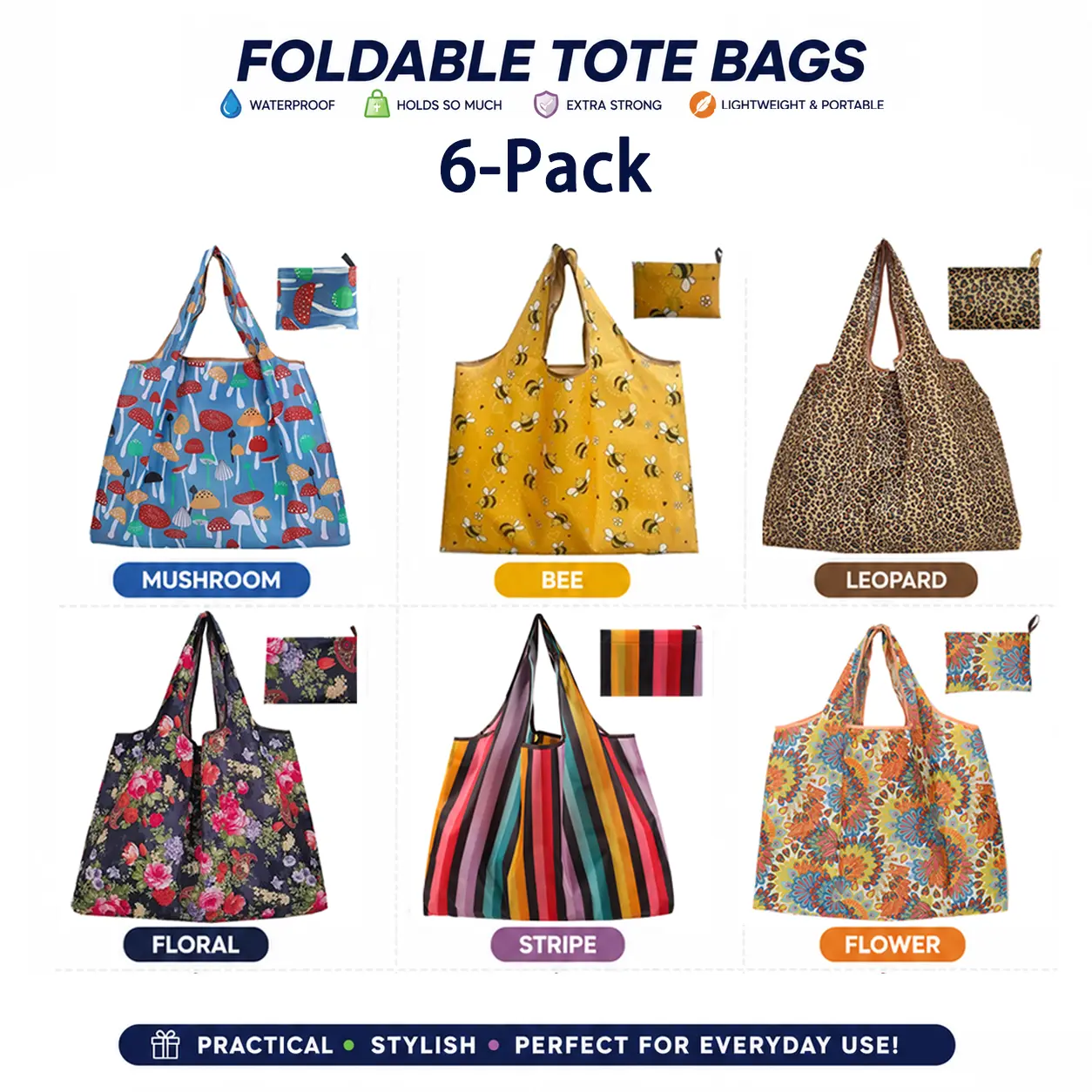 6-Pack Extra Large Foldable Tote Bag – Heavy Duty, Waterproof, Reusable Shopping Tote, Emergency "Just in Case" Bag, Travel & Casual Daily Use
