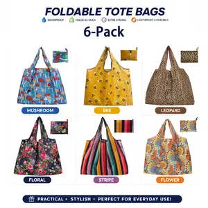 6-Pack Extra Large Foldable Tote Bag – Heavy Duty, Waterproof, Reusable Shopping Tote, Emergency "Just in Case" Bag, Travel & Casual Daily Use