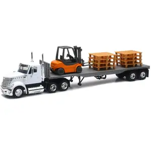 New Ray 1:43 Long Haul Trucker International Lonestar Flatbed with Forklift & Pallets, White