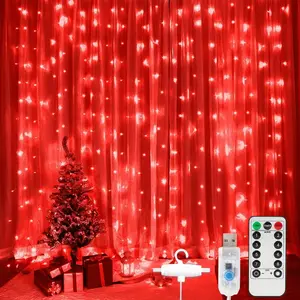 LED Curtain Lights Christmas 300 LEDs 9.8FT x 9.8FT USB Curtain String Light with 8 Lighting Modes Wall Lights with Remote Control Twinkle Light for Bedroom Decoration Red