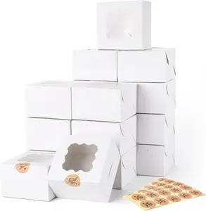 30 Pcs White Bakery Boxes with Window, 4 X 4 X 2.4 Inches, White Paperboard Treat Boxes for Cookies, Pastry, Cookies, Strawberries, Macarons