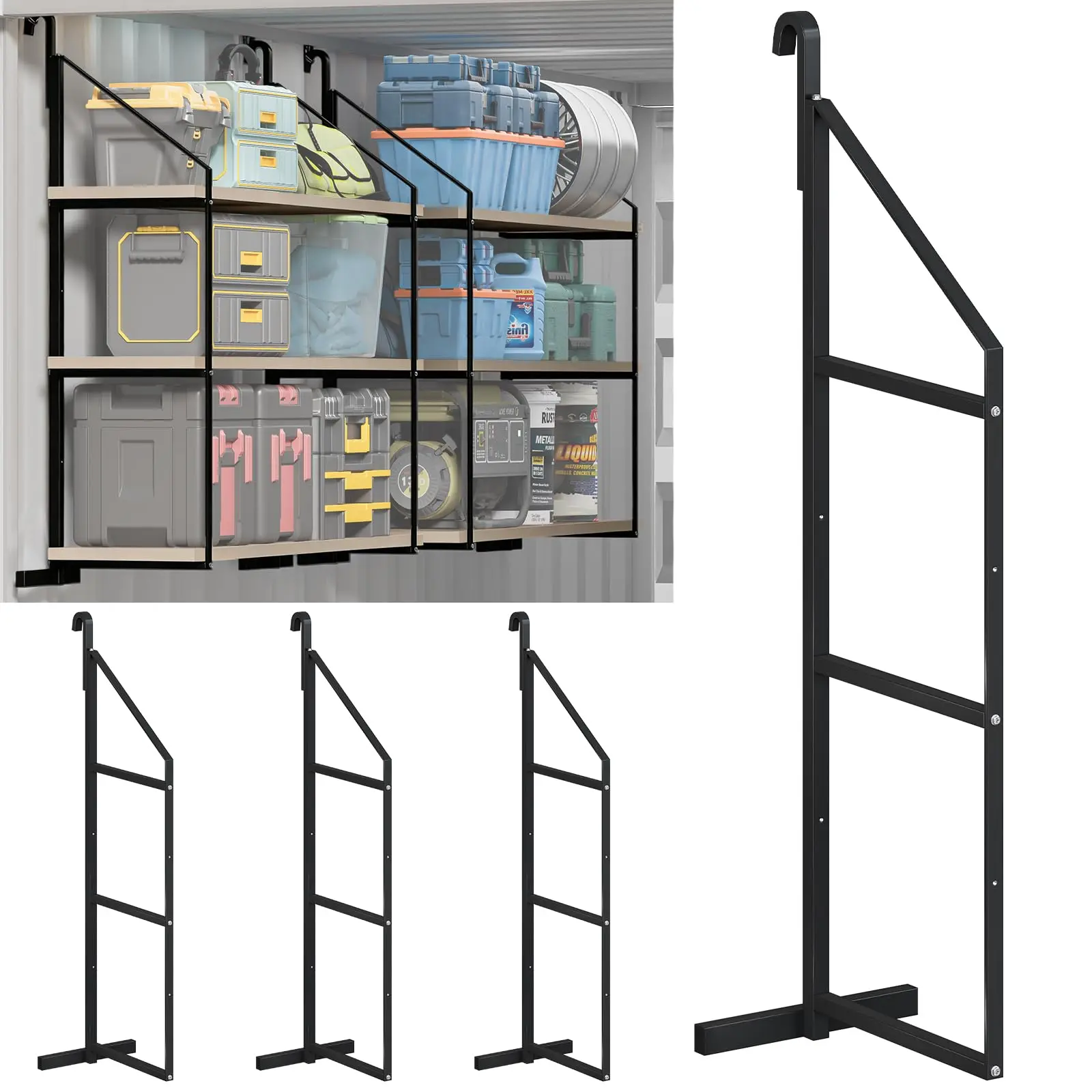 4 Pack 3 Tier Shipping Container Shelving Brackets, Heavy Duty Steel  High Capacity Container Shelf Supports for Cargo Containers, Warehouses and Garages, Easy Hanging Storage Solution