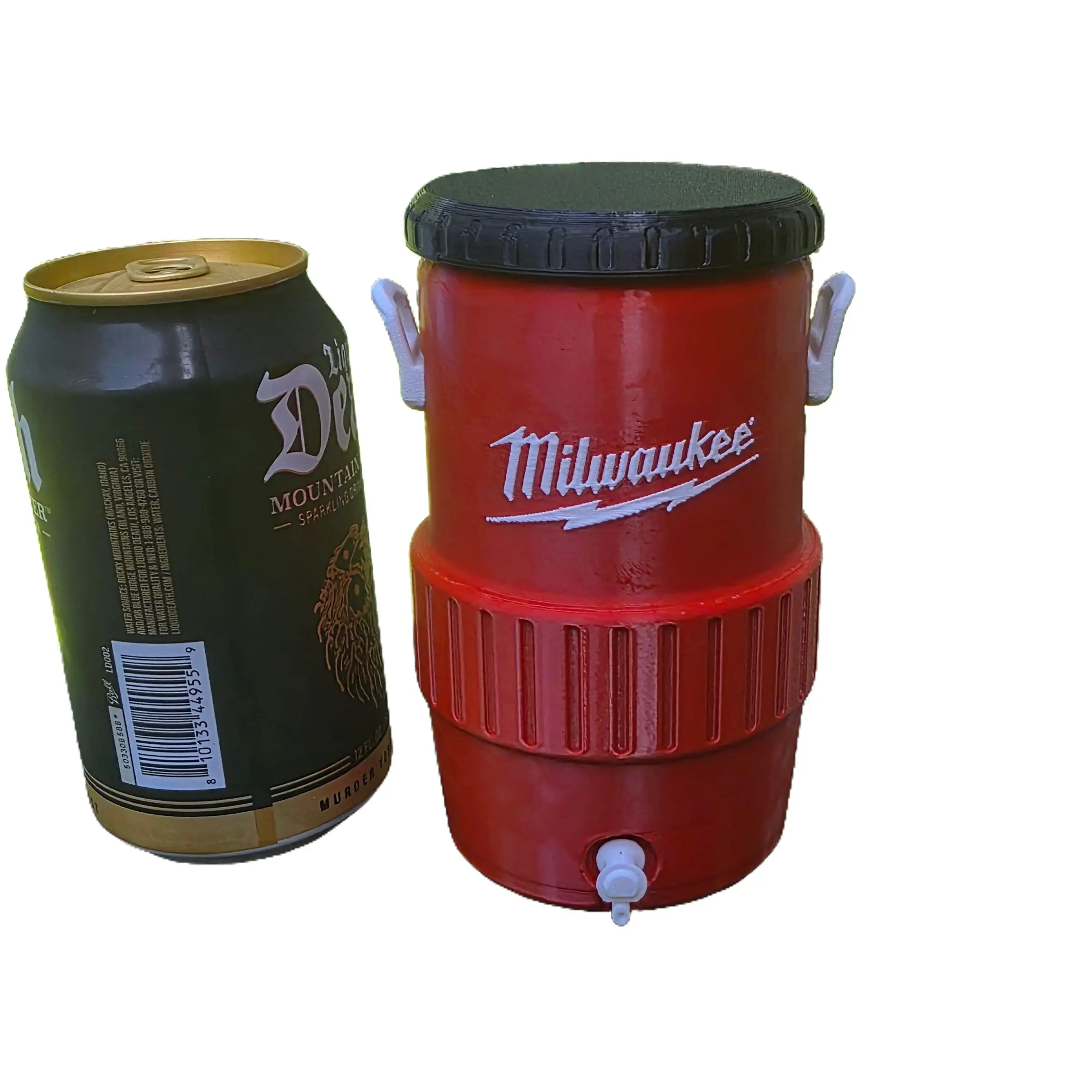 Milwaukee 3D Printed Tool-Themed 12oz Cylindrical Can Cooler with Black Lid - Fits Cans, Shop/Backyard/Tailgate Use, Industrial Contractor Gift, DIYer Garage Decor Drink Holder
