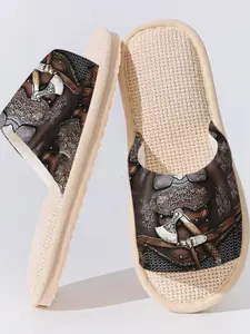 Viking Linen Slippers Set, Nordic Epic Style, Breathable Non-Slip Sole, Bedroom Living Room Daily Wear, Casual Animal Pattern Shoes