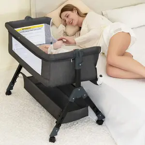 Newborn Baby 5-in-1 Portable Bedside Crib Sleeper - Rocking Mode, 6-Height Adjustable Bassinet, Foldable Cot with Wheels, Breathable Mesh, Crib with Mattress Included, Storage Basket, Removable Mosquito Net, Numerical Only, 0 - 5 Kg