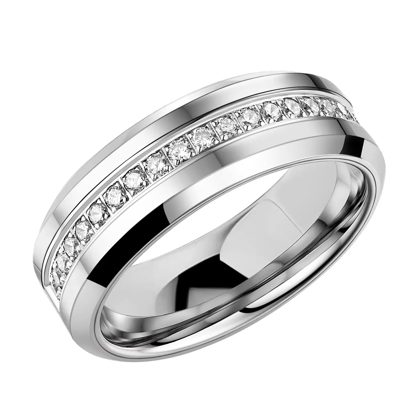 Men's 8mm Tungsten Carbide Wedding Ring - Tungsten Rings for Thanksgiving, Anniversary, Birthday, Daily Wear, Beveled Edge Half Eternity Band with 18 Round Cut 1.0cttw Cubic Zirconia Stones