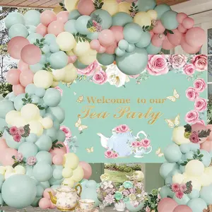 133 Pcs Tea Party Balloon Arch Kit with Backdrop for Spring Garden Party & Tea Party Decor