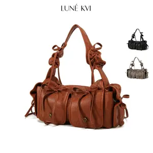 LUNÉ KVI New Korean-Style Fashion Retro Multi-Pocket Underarm Bag for Women Y2K Street Style Drawstring Bow Handbag Sweet & Edgy Unique Large Capacity Shoulder Bag