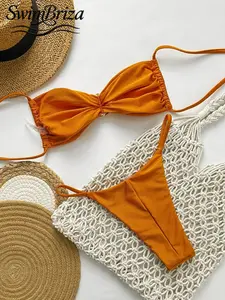 Briza｜Twist Front Bandeau Orange Solid Bikini With Thong Bikini Bottoms And Brazilian Bikinis High-Cut Style, Bikini Sets As Swimsuits 2 Piece For A Two-Piece Swimsuit, Vacation Swimwear For Women And Swimsuits For Women As A Bathing Suit
