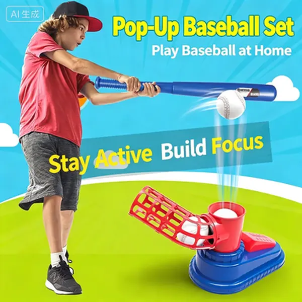 Kids Foot‑Operated Baseball Pitching Machine Toy Set Outdoor Sport Game with Bat & 3 Balls for Boys Girls