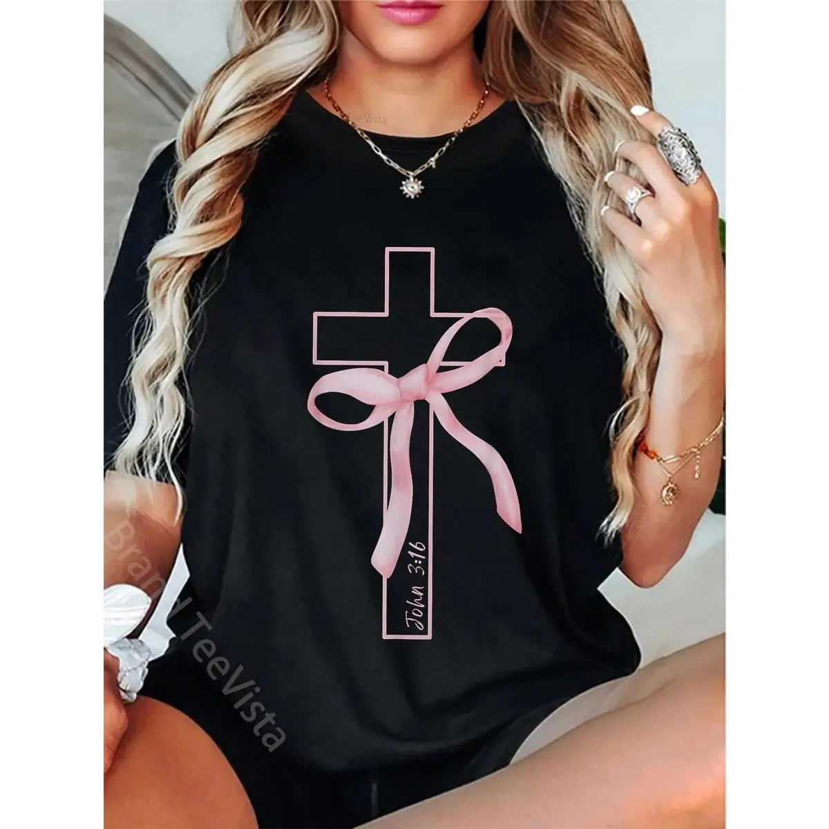 Cotton Coquette Christian Pink Bow Cross John 3:16 Bible Verse T-Shirt,Unisex Crewneck T-shirt for Men And Women