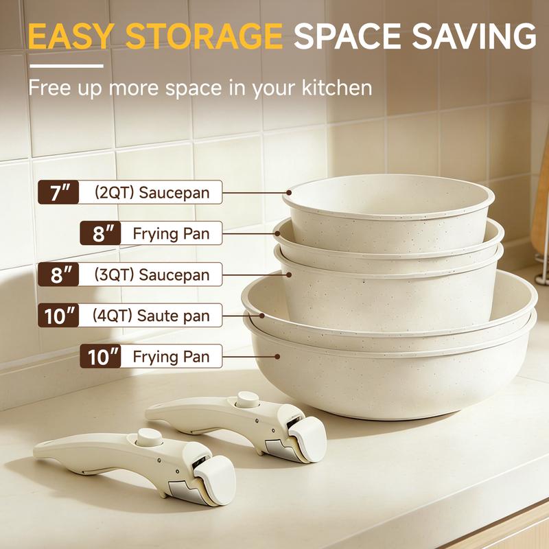 Taksat 20-Piece Nonstick Cookware Set - Detachable Handle, Induction & Oven Safe Pots and Pans, Dishwasher Safe Kitchenware