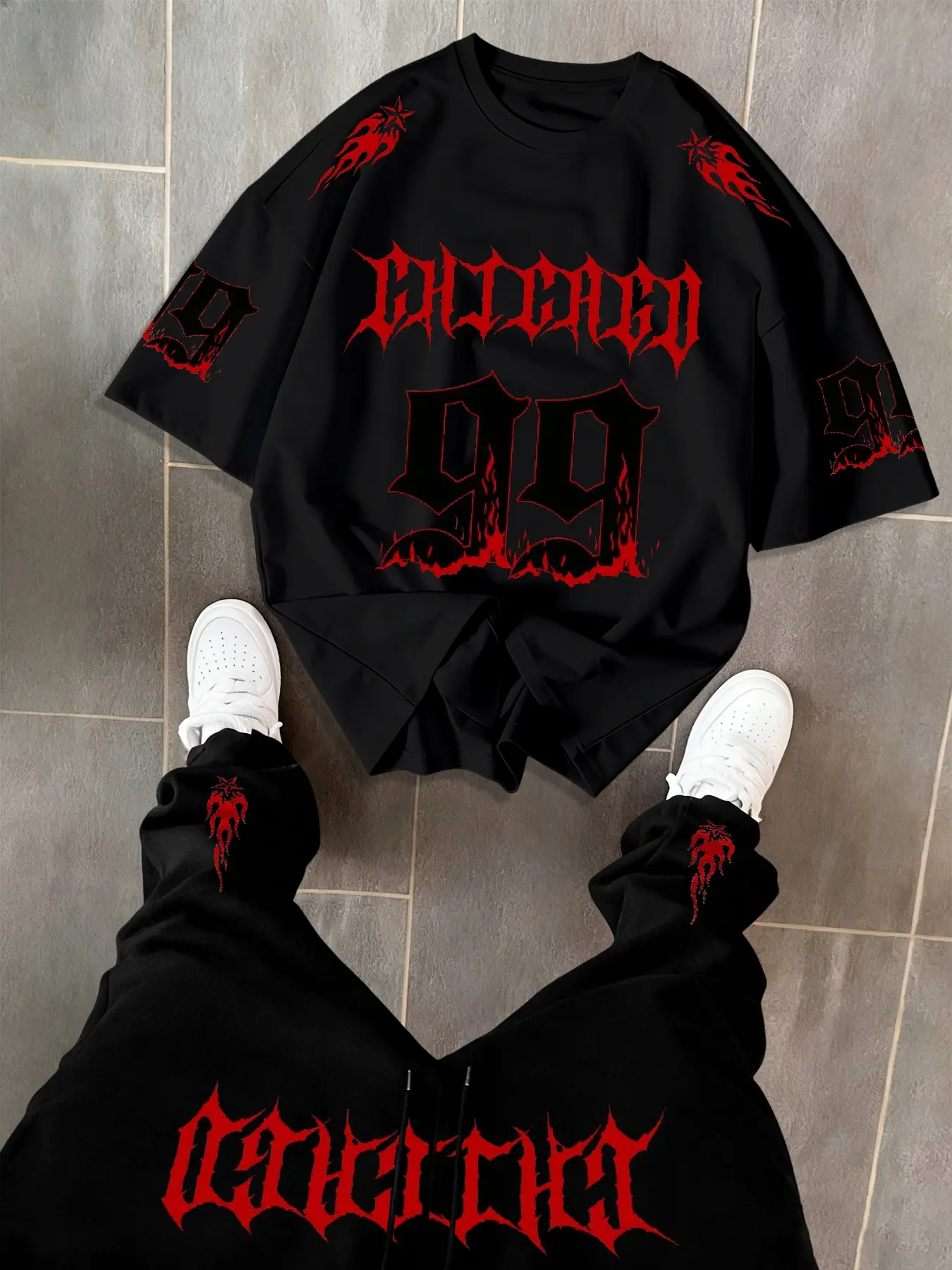 Men's Summer Gothic Short Sleeve Round Neck T-Shirt Set, Front Print with Number 99, Flame Elements, Block, Casual Fitted Style, Menswear, Clothes